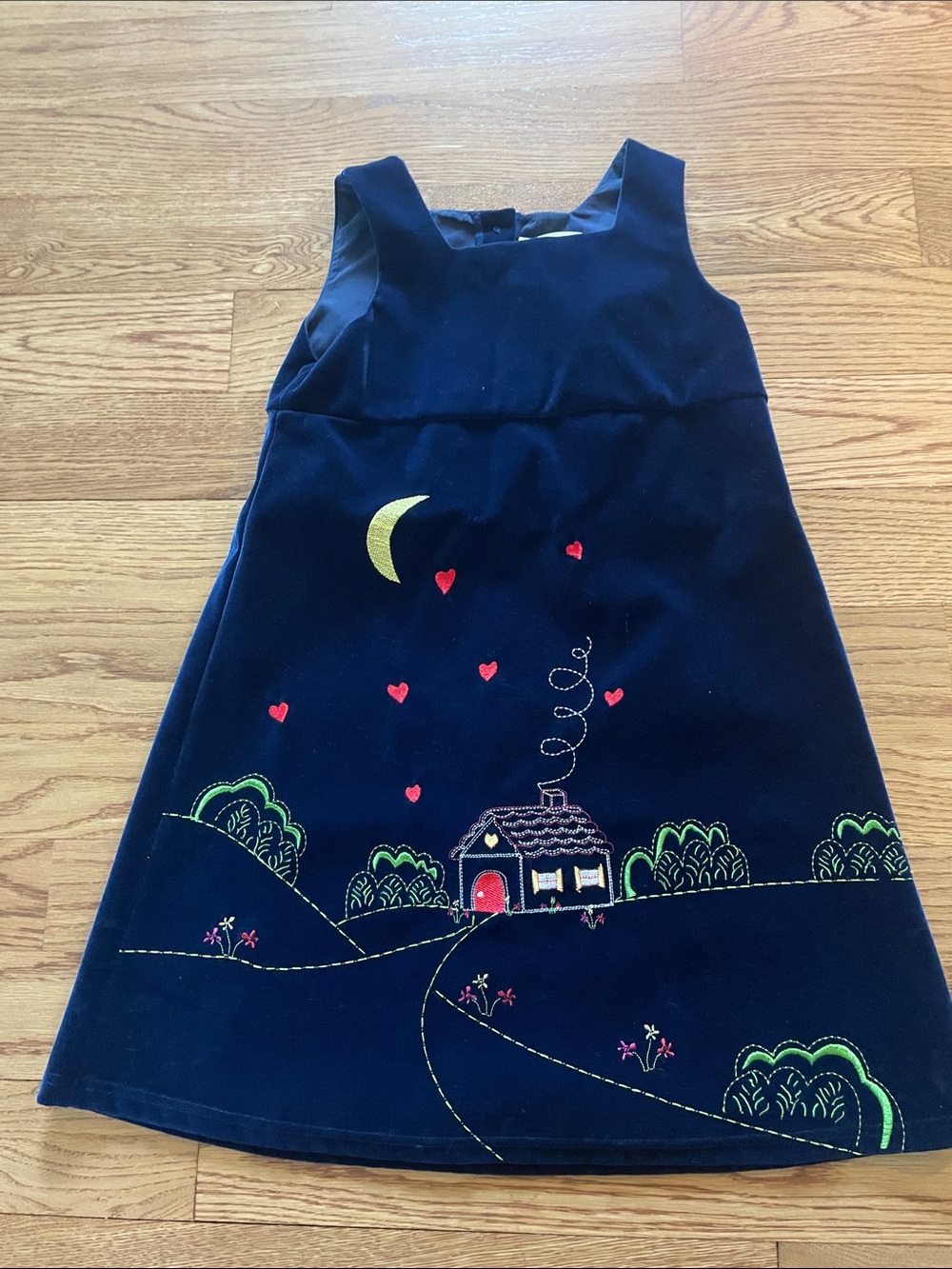 Source Unknown Navy Velour Jumper Dress with Moon & House Embroidery